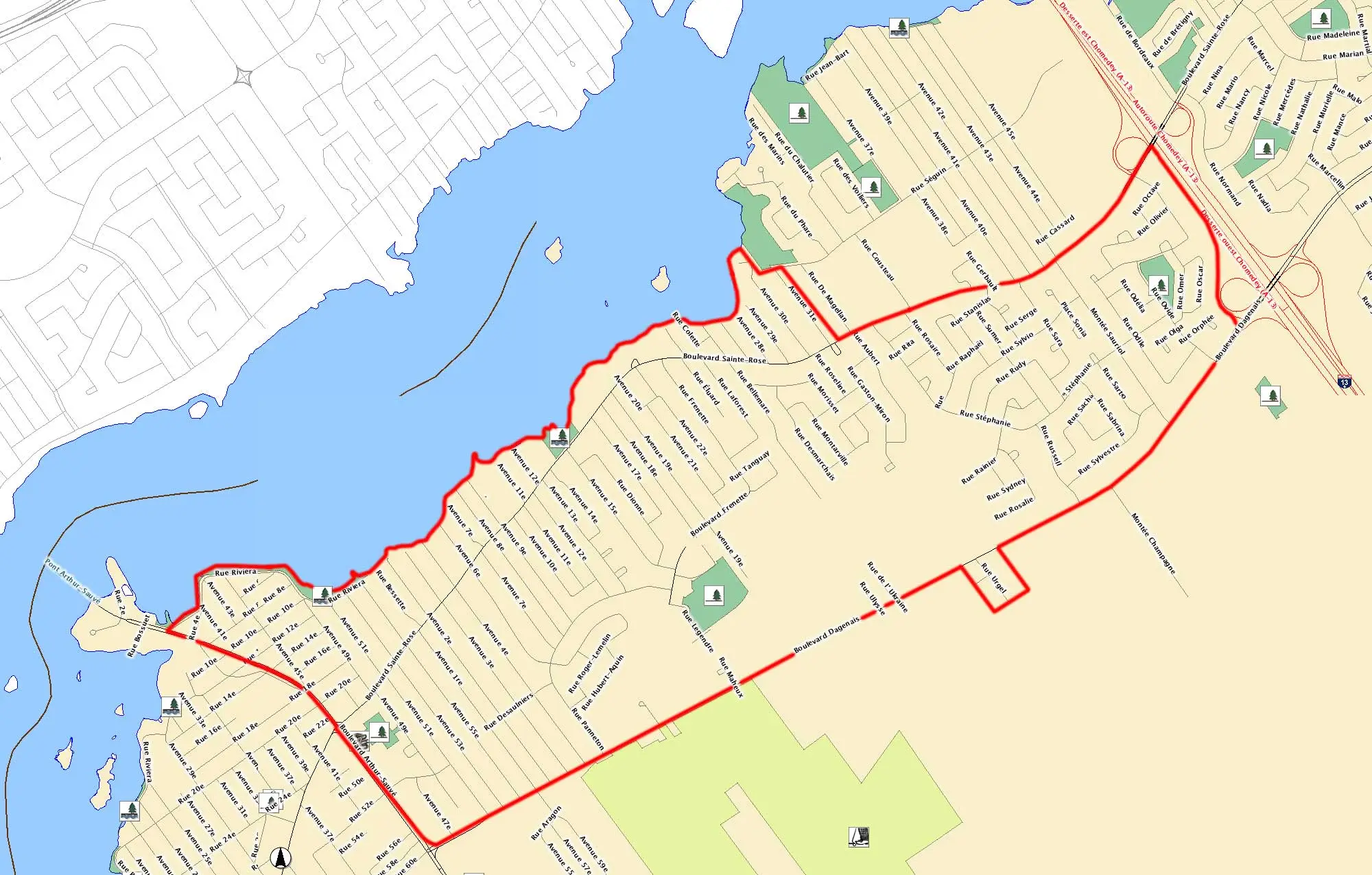 Carte du secteur desservi, contour rouge le long du boulevard Sainte-Rose